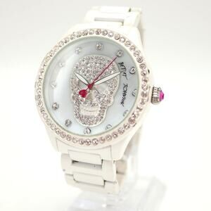 Betsey Johnson White Bling Skull Watch 42mm Jewel Dial 6" Bracelet w New Battery